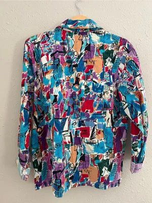KEREN hart Colorful Abstract Button-Down Shirt Turquoise, Purple & Red Vintage thumbnail 3