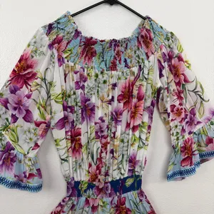 TAJ by Sabrina Crippa Dress Womens Size M Blue Floral Smocked Ruffle Mini Dress thumbnail 2