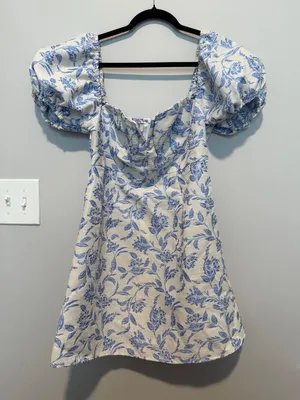 SHEIN MOD Blue White Floral Jacquard Puff Sleeve Mini Dress Large Cottagecore thumbnail 1
