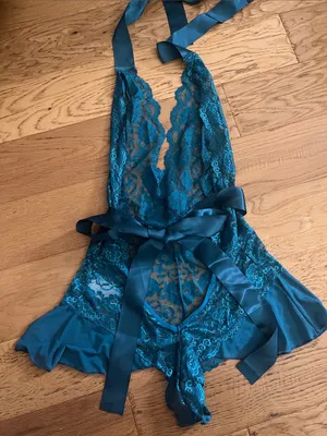 NEW - XL - AVIDLOVE - Teal Lace Halter Babydoll Teddy with Satin Bows thumbnail 6