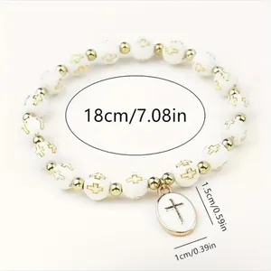 White Stylish Elastic Beaded Cross Charm Bracelet‎ Enamel Oval Cross Beaded thumbnail 5