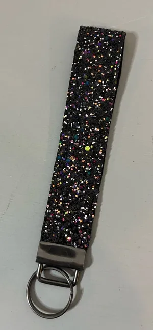 Handmade Black Rainbow Confetti Glitter Canvas Faux Leather Wristlet Keychain thumbnail 1