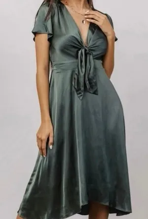 Baltic Born Poppy Satin Midi Dress Dark Sage Green V-Neck Peek Tie Front Size L thumbnail 1