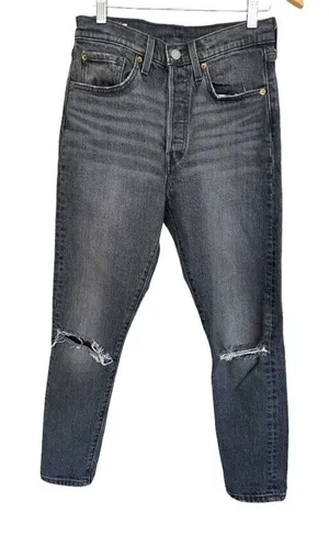 Levis Premium‎ 501 Jeans Women 27x 28 Black Denim Button Fly Straight Distressed thumbnail 1