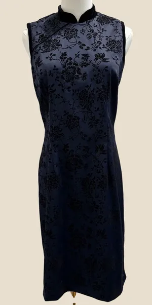 VTG 90s CDC Navy Blue Black Flocked‎ Velvet Floral Mandarin Collar Midi Dress 10 thumbnail 1