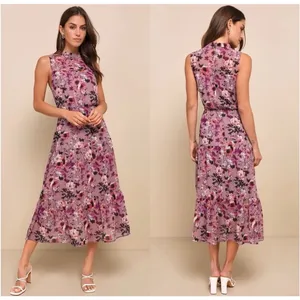 Lulus NWT Cottagecore Purple Floral Midi Dress Sleeveless Chiffon M Romantic thumbnail 2
