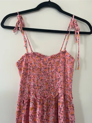 Pink Ditsy Floral Smocked Mini Dress Medium Tie Strap Cottagecore Summer Beach thumbnail 2