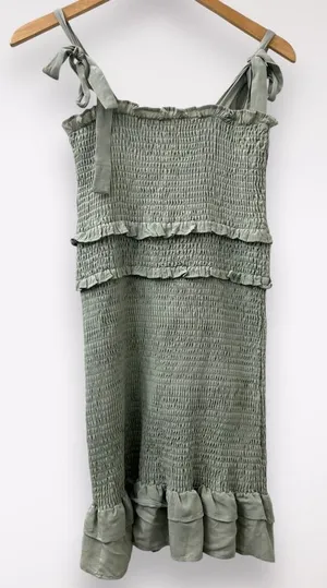 Mable L Light Green‎ Badale Smocked Ruffles Fitted Mini Dress Satin Stretch thumbnail 1