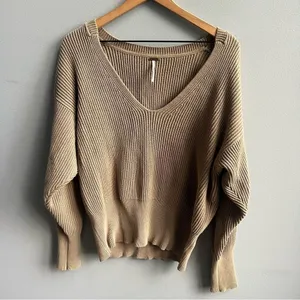 Free People Allure Tan V-Neck Oversized Sweater Ribbed Stretch Pullover Medium thumbnail 6