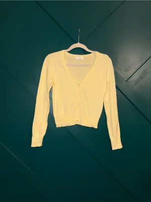 No Comment Yellow Pointelle Knit Cropped Cardigan Sweater V-Neck Button Boho thumbnail 2