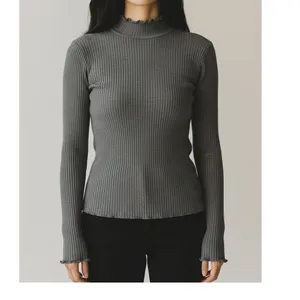 ZARA Ruffled Mock Neck Ruffle Longsleeve Rib Knit Stretch Cotton Sweater M Grey thumbnail 10