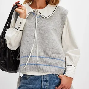 Free People‎ All Star Stripe Poncho Vest Gray Blue V-Neck Side Tie Tassels OS thumbnail 1