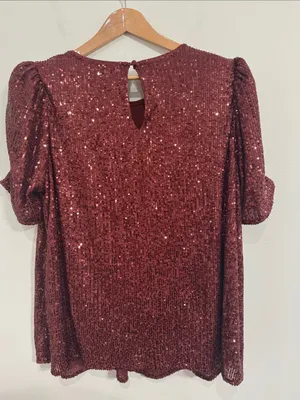 Torrid Burgundy Sequin Short Sleeve Going out Top Ruched Sleeves Keyhole Back 1X thumbnail 3