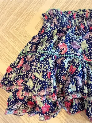Poupette St Barth Navy Floral Ruffle Mini Skirt Small Medium Mini Pom Poms thumbnail 2