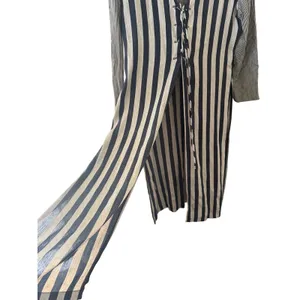 Breakin Loose Vintage‎ XL Striped Lace Up Front Midi Dress Navy Grey Long Sleeve thumbnail 3
