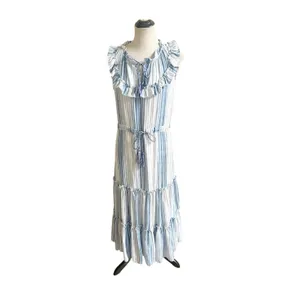 MISA Los Angeles Medium Aleja Stripe Print Linen Midi Dress White Blue Tassel thumbnail 3