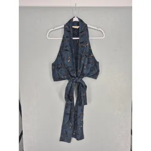 Molly Green Womens Crop Top Blue Floral Halter Tie Front Boho M thumbnail 2