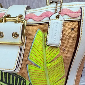 Vintage rare Coach Straw ladybug leaf tote bag purse rhinestone handbag summer thumbnail 6
