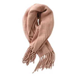 Free People Chunky Ribbed Fringe Scarf Pink Rose Oversized Knit Boho Cozy Winter thumbnail 2