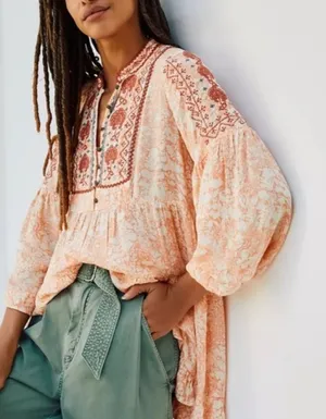 Anthropologie Claudia Embroidered Babydoll Tunic spring Boho Western peach thumbnail 1