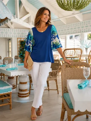 Chico's Spring Paradise Flowy Sleeve Top 20 22 4 Navy Peony Floral NWT thumbnail 2