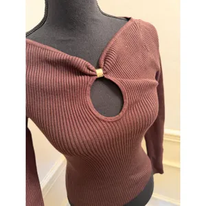 Abercrombie & Fitch Hardware Keyhole Long-Sleeve Sweater Top Chocolate Brown thumbnail 3