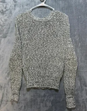 Free People Womens Chunky Knit Sweater Cotton Linen Blend Marled Black White XS thumbnail 1