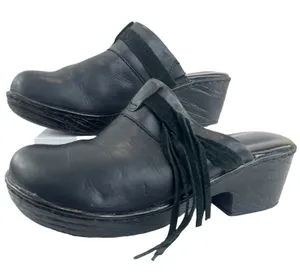 b.o.c. Fringe Leather Mules‎ Black 6 Slip On Open Back Chunky Heel Clogs Shoe thumbnail 1