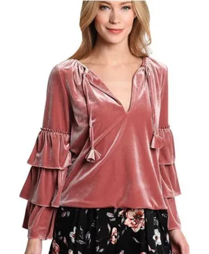 MISA‎ Los Angeles Harlow Top Dusty Rose Velvet Ruffle Sleeve Tassel Blouse Small thumbnail 1