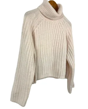 Zara Cream Light Pink Wool Alpaca Blend Ribbed Knit Turtleneck Sweater Medium thumbnail 7