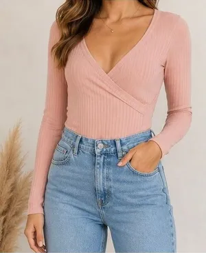 Aerie Ribbed Wrap Bodysuit XS Pink Long Sleeve Ballet Core NWT thumbnail 1