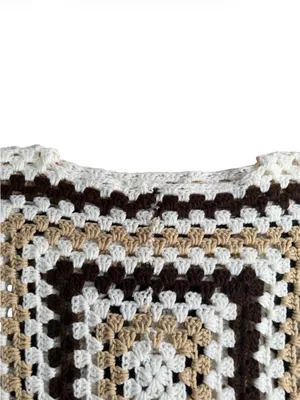 Vintage Handmade Crochet Granny Square Sweater Pullover Boho Neutral Cream Brown thumbnail 5
