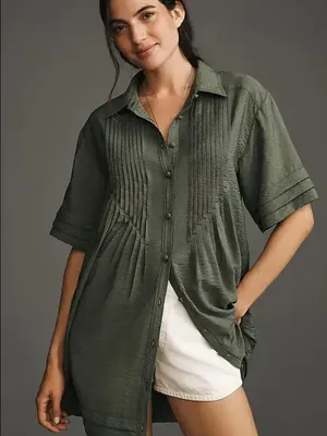 Anthro Pilcro Green Pintuck Button Front Short Sleeve Tunic Shirt Dress Size XS thumbnail 1
