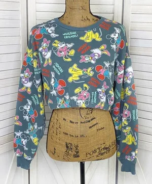 Disney‎ Mickey Mouse And Friends Crop Sweatshirt Gray Multi Medium thumbnail 1