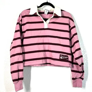 Champion Shirt XS Long Sleeve Rugby Top Cropped Pink Polo Preppy Academia thumbnail 2