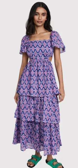 Banjanan Dress Purple Bonnie Maxi Floral Layered Cutout Fit Flare Boho Small thumbnail 1