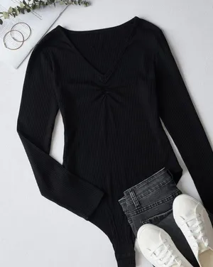 ROMWE Black Asymmetrical Long Sleeve Bodysuit thumbnail 1