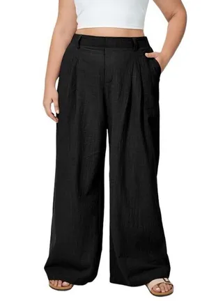 Halara womans size S high waisted plicated side pocket wide leg cotton pants NEW thumbnail 1