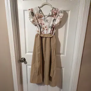 Floral print dress with pink, brown, and green flowers on a white background #floraldress #summerdress thumbnail 2