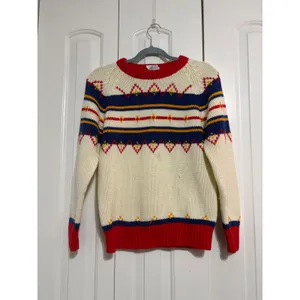 Vintage Sweater Fair Isle Retro Cream Red Blue Geometric Knit Small thumbnail 2