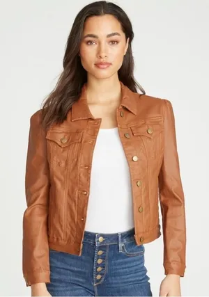 NWT Driftwood Gigi Puff Sleeve Faux Leather Jacket Small Brown Moto Fall Chic thumbnail 1