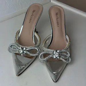 Silver Metallic Clear PVC Crystal Bow Pointed Toe Heels Black Tie Wedding Prom thumbnail 3