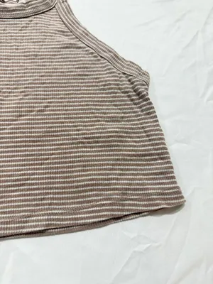 Truly Madly Deeply Tan Cream Striped Ribbed Tank Top Shirt Scoop Small Women's thumbnail 10