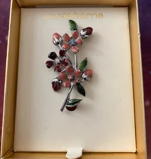 Vintage Liz Claiborne Brooch Pin Floral Flowers Red Pink Green In Box 2”H X 1”W thumbnail 1