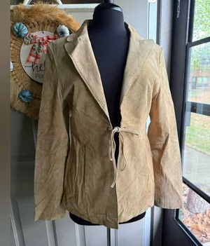 Y2K vintage Me Jane nude suede open front tie blazer, size large thumbnail 1