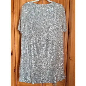 Betsey Johnson Silver Sequin Shift Dress Womens Large Short Sleeve Party thumbnail 4