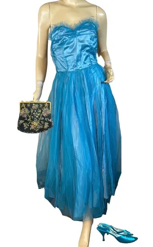 Vintage 1950'S Turquoise Blue Satin & Tulle Strapless Party Dress (Xs) thumbnail 1