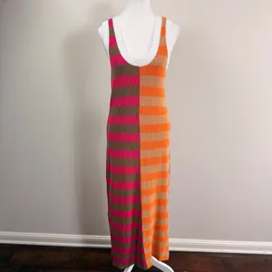 Boutique Striped Knit Maxi Dress Pink Orange Colorblock Side Slit Tank Medium thumbnail 2