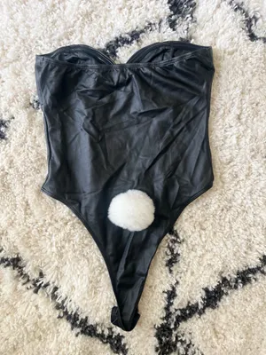 SheIn Black Faux Leather Bunny Bodysuit with Faux Fur Tail | Strapless Costume | XXS thumbnail 3