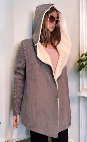 Sweater. Hooded. Faux Fur/Suede. Grey &White. Open Cardigan. thumbnail 5